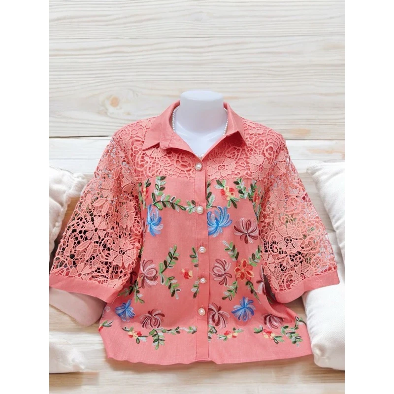 เสื้อลูกไม้ลินินผสมผ้าฝ้ายคอปก แขนสามส่วนมีซับในสีโอรส อก 44-46
