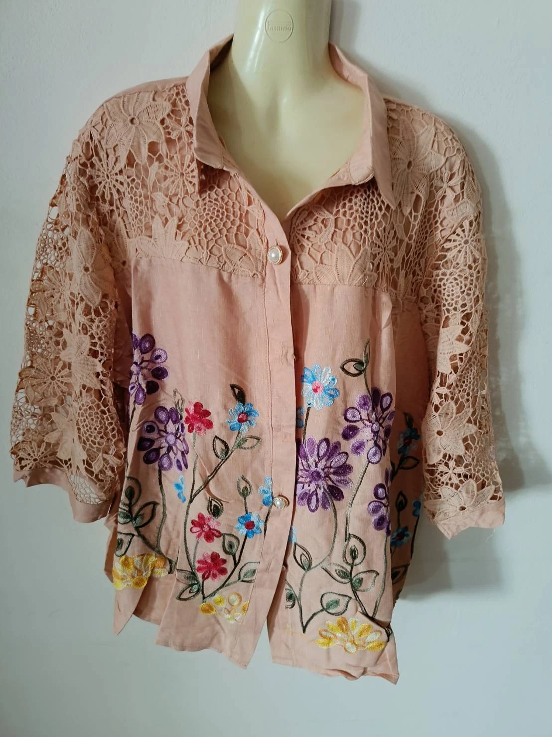 เสื้อลูกไม้ลินินผสมผ้าฝ้ายคอปกแขนสามส่วน มีซับในสีโอรสอก 40-42