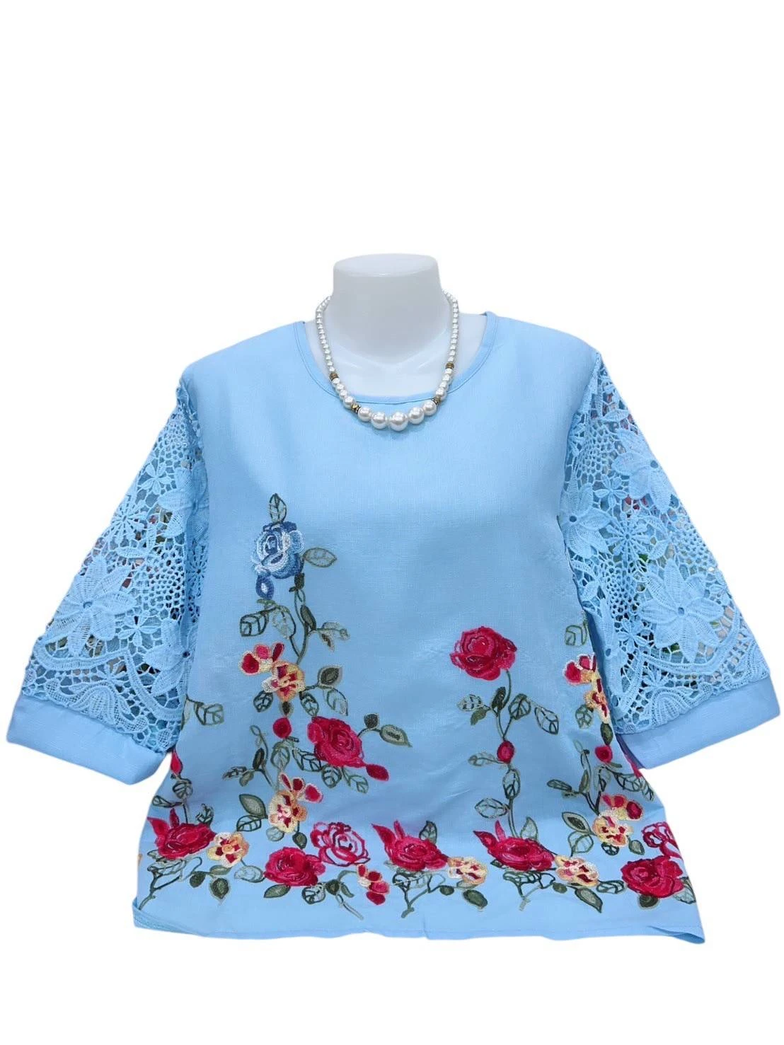 เสื้อคอกลมลายดอกไม้ฟ้า อก 38-44