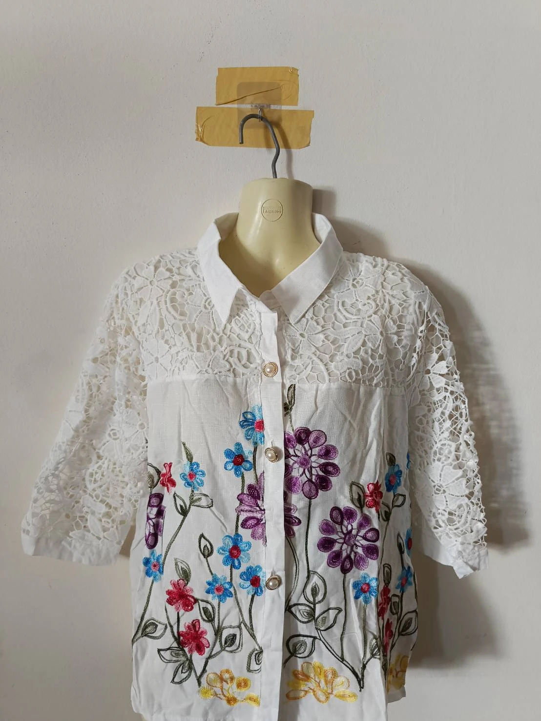 เสื้อลูกไม้ลินินผสมผ้าฝ้ายคอปกแขนสามส่วน มีซับในสีขาว อก 40-42