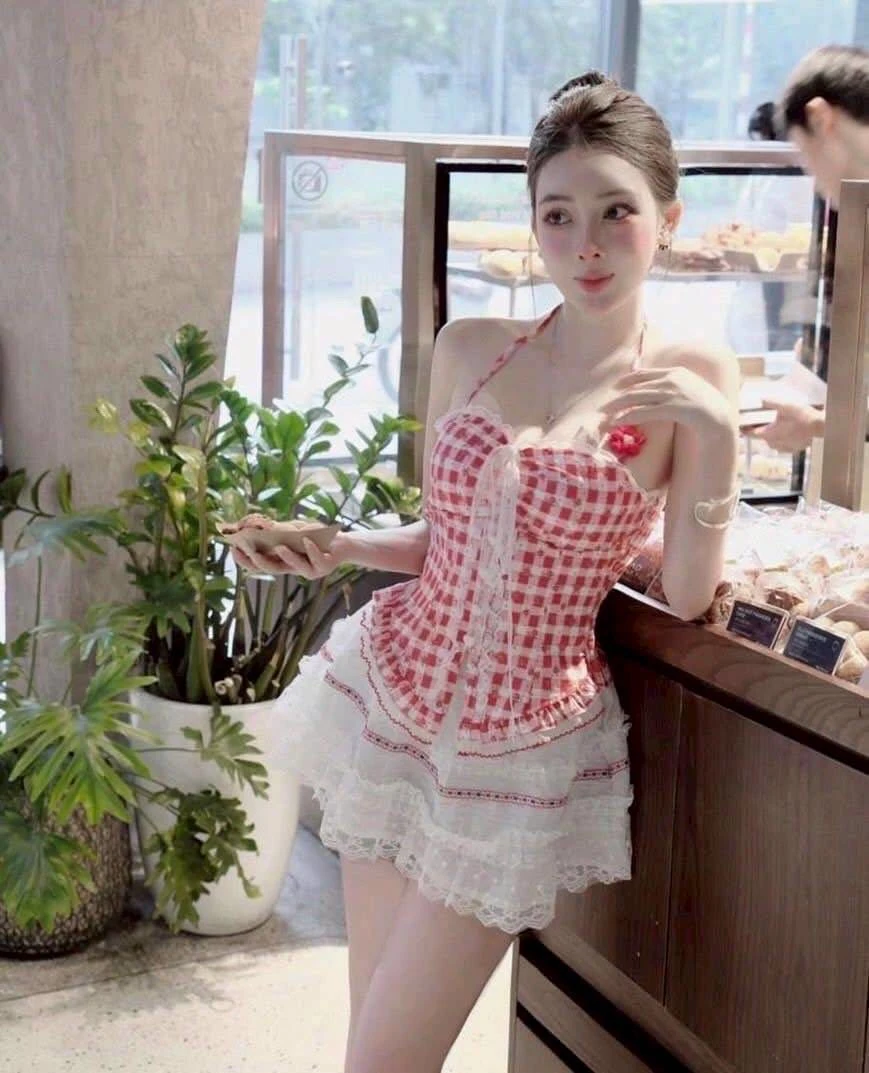 เซตคล้องคอแต่งลูกไม้ลายสก๊อต อก 24-32