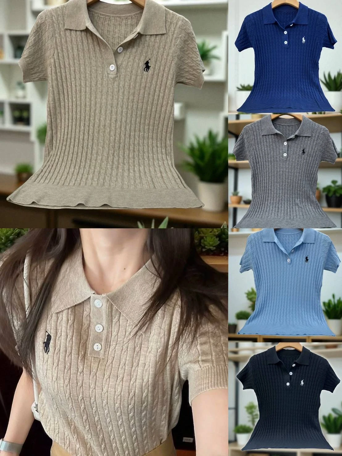 เสื้อยืดแขนสั้นถักลายปักคอโปโล รอบอก 32-42 ยาว 22 นิ้ว