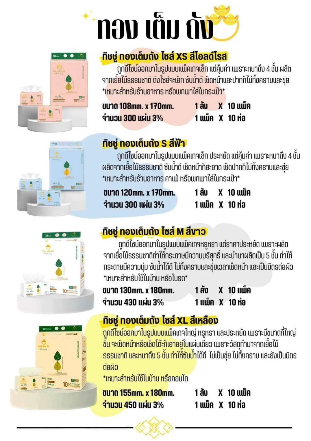 ทิชชู่ทองเต็มถัง M หนา 5 ชั้น  3แพ็ค 30 ห่อ