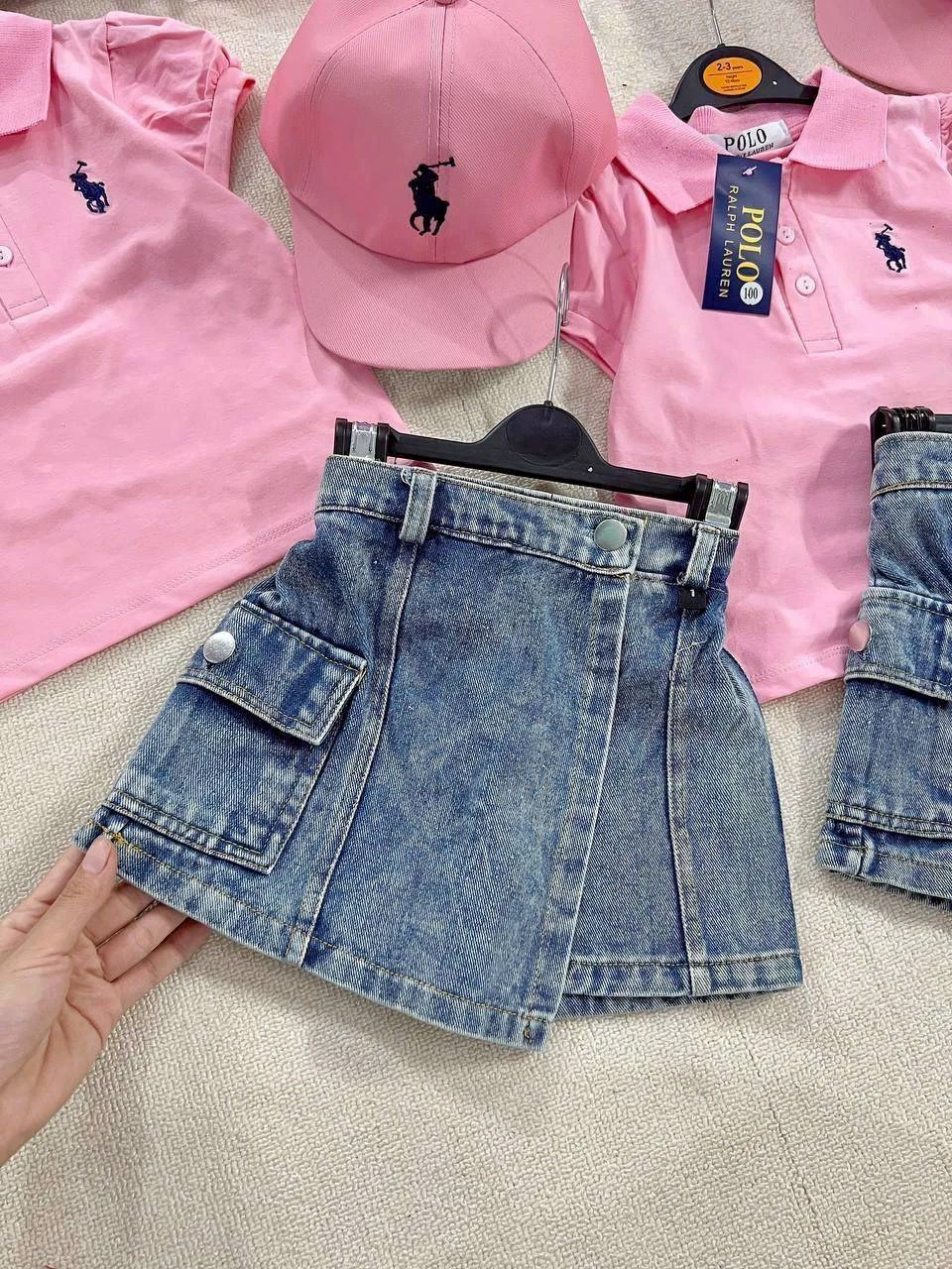 ชุดเซตลูกสาว POLO  กระโปรงยีนส์แท้ แถมฟรีหมวก ขนาด 100-150
