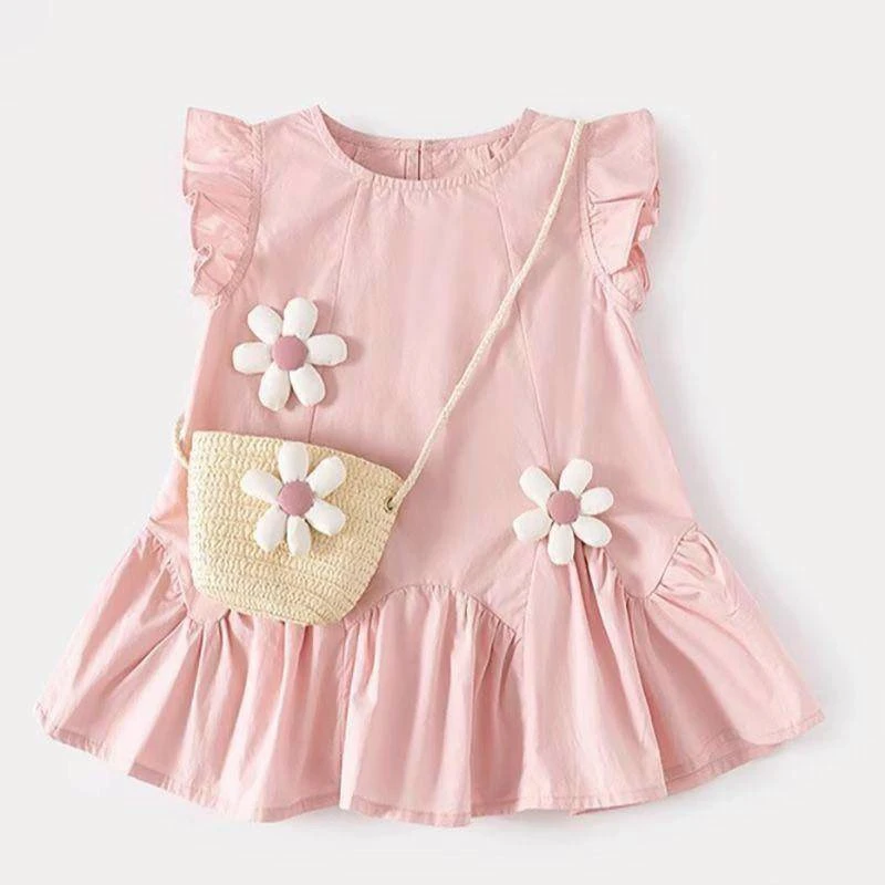 ชุดเดรสลูกสาวแต่งลูกไม้มีกระเป๋า ขนาด 100-160