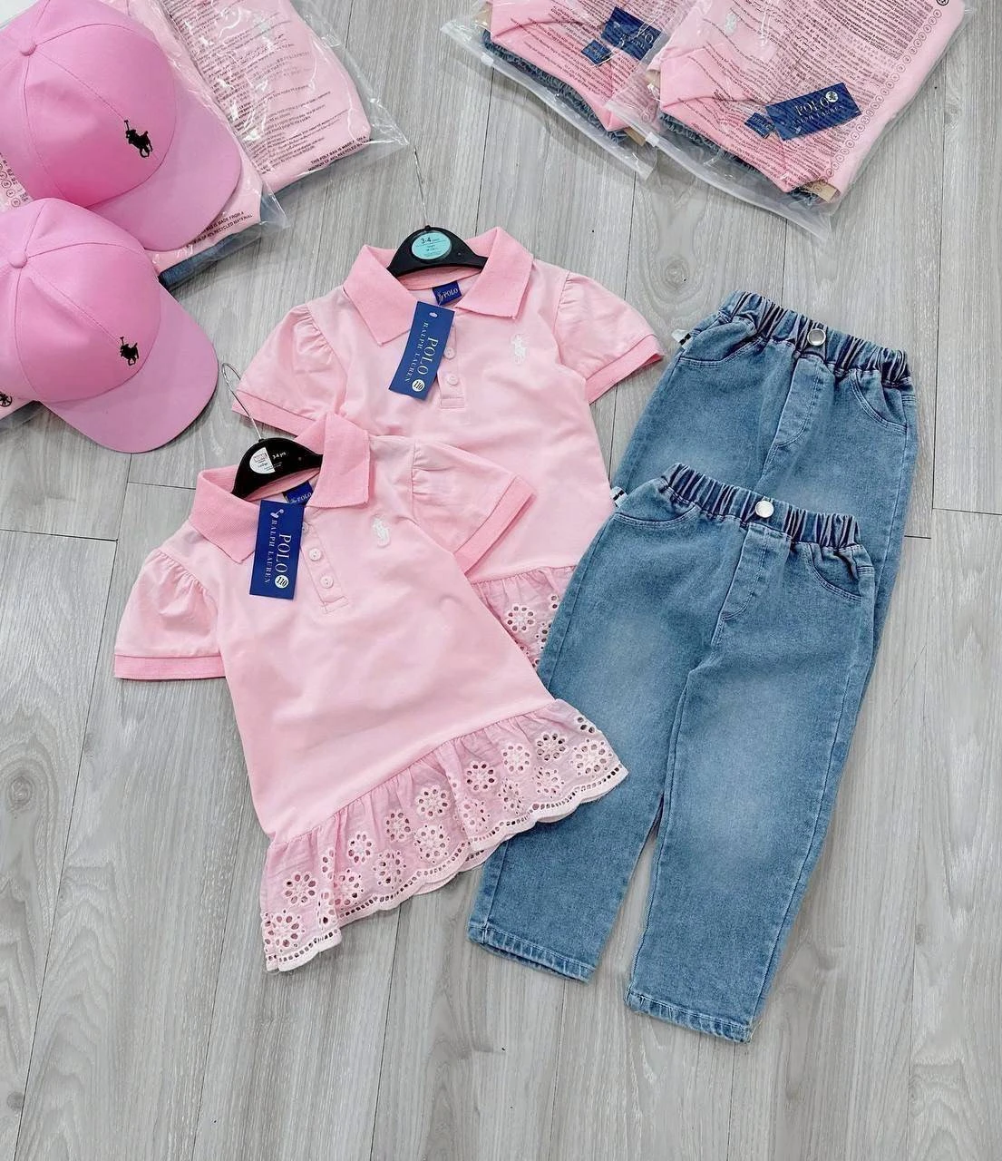 ชุดเซตลูกสาว POLO สีชมพู +กางเกงยีนส์แท้ ขนาด 100-160