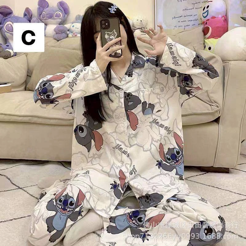 ชุดนอนสติชแขนยาวขายาว เนื้อผ้านิ่มยืด อก 38 สะโพก 38