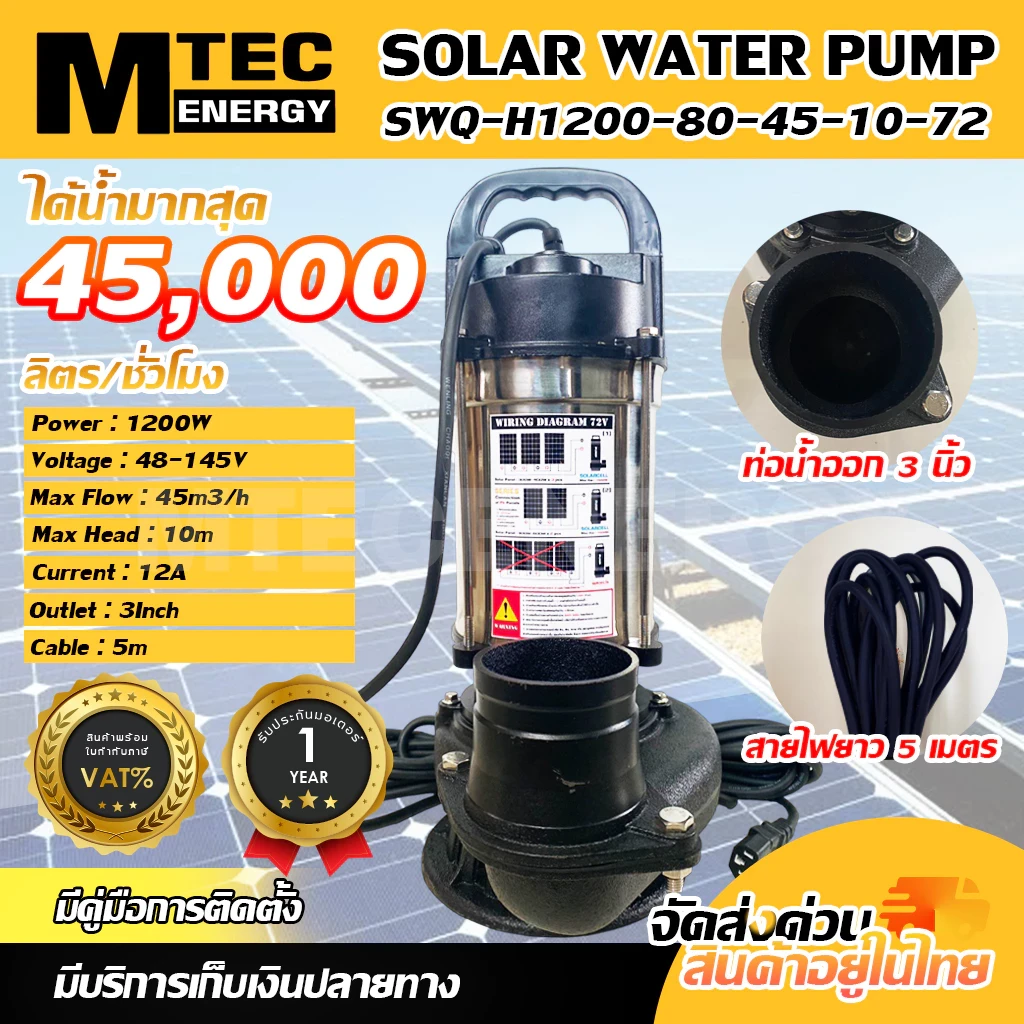 MTEC SWQ-H1200-80-45-10-72 ท่อสวมสายยาง 3 นิ้ว ปั๊มไดโว่ ปั๊มจุ่ม ปั้มน้ำบัสเลส โซล่าเซลล์  1200W 48-145V SOLAR PUMP ท่อ 3นิ้ว