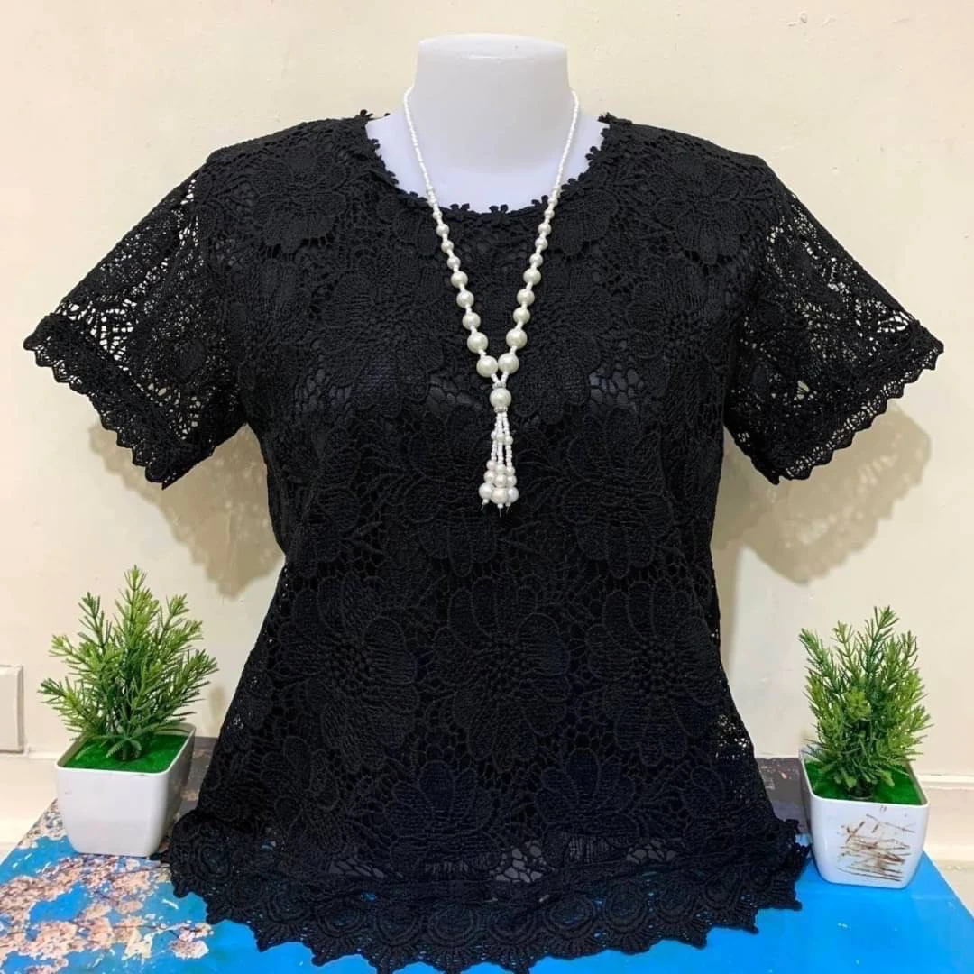 เสื้อลูกไม้แขนสั้นสีดำ ลายที่3 รอบอก 36-40 ฟรีไซต์