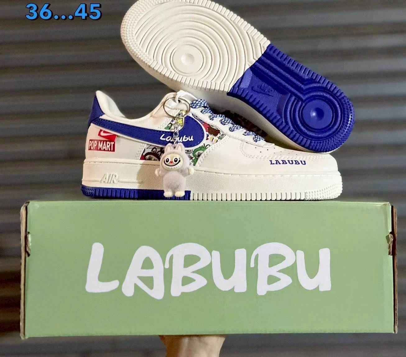 รองเท้าผ้าใบ ลาบูบู้ สีขาวพื้นน้ำเงิน ขนาด 36-45