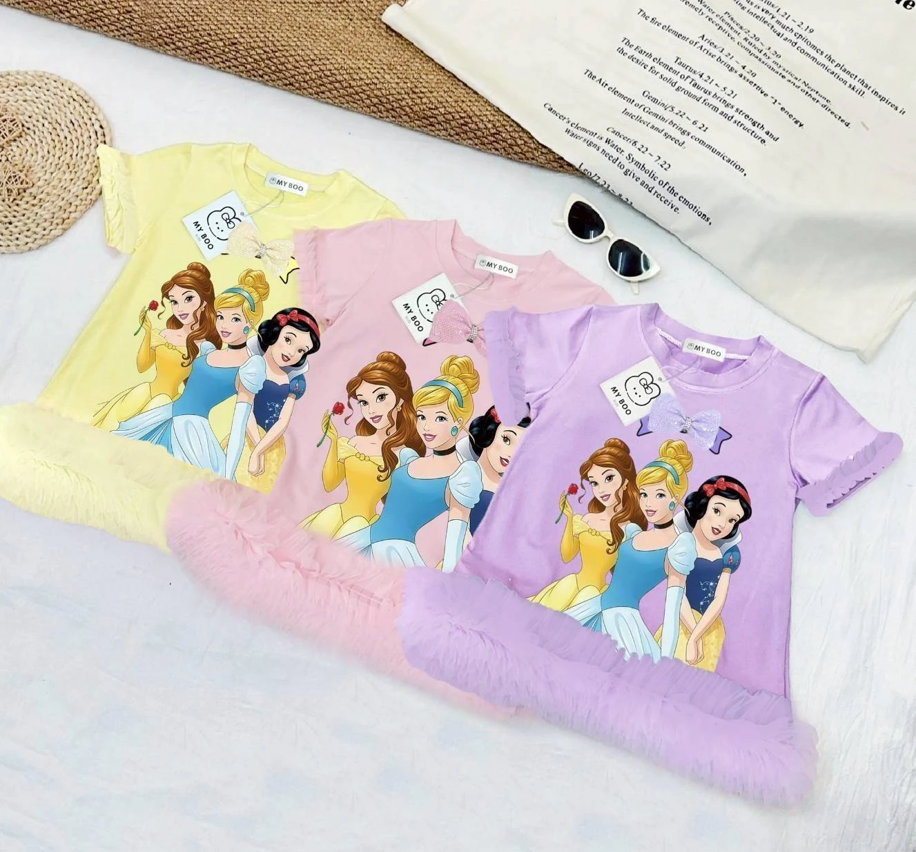 ชุดเดรสเจ้าหญิงลูกสาว แต่งระบาย ขนาด 100-160 มี 3 สี ชมพู ม่วง เหลือง